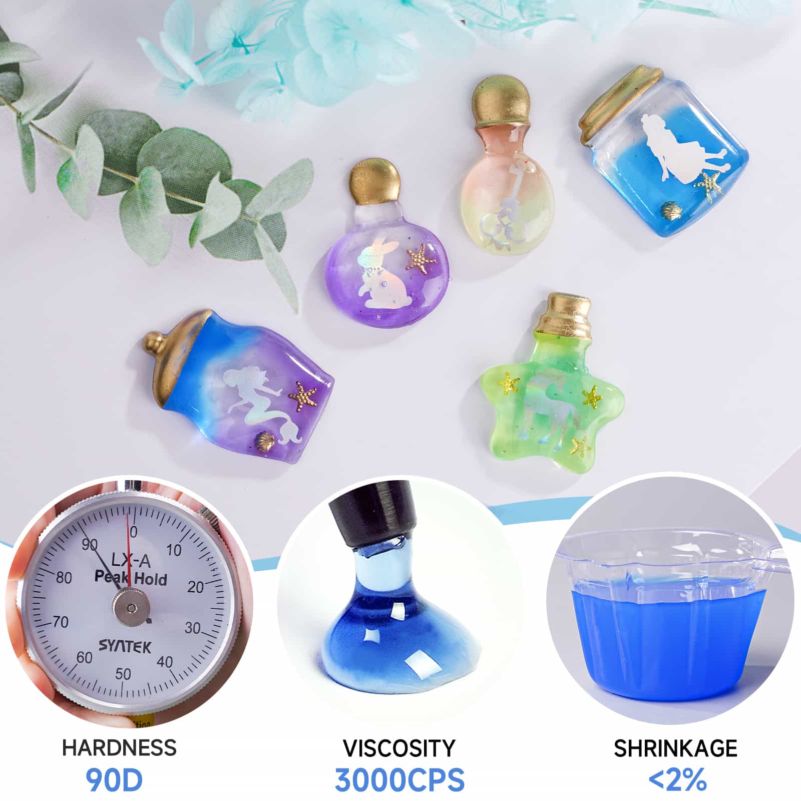 blue UV resin with less than 2% surface shrinkage, 90D hardness and 3000cps viscosity