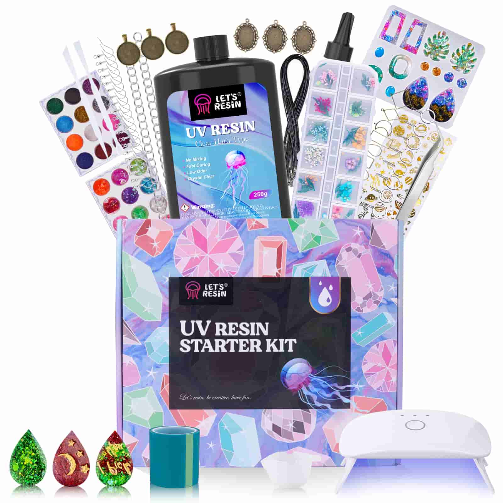 Let's Resin UV Resin Kit with Light, 250g Crystal Clear Low Odor UV Resin, UV Lamp, Jewery Molds, Resin Accessories for Pendtant Jewelry, Home Decor