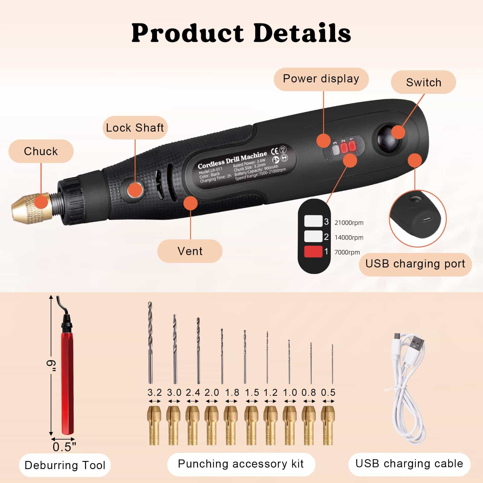 Cordless Resin Drill with Deburring Tool – 3-Speed Rotary Tool Kit