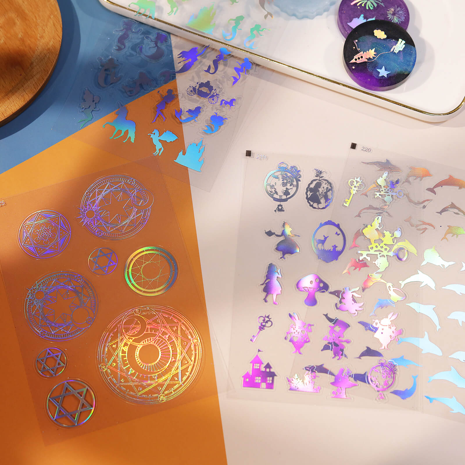 Holographic Resin Stickers Set – 26 Sheets Gold & Silver for Crafting