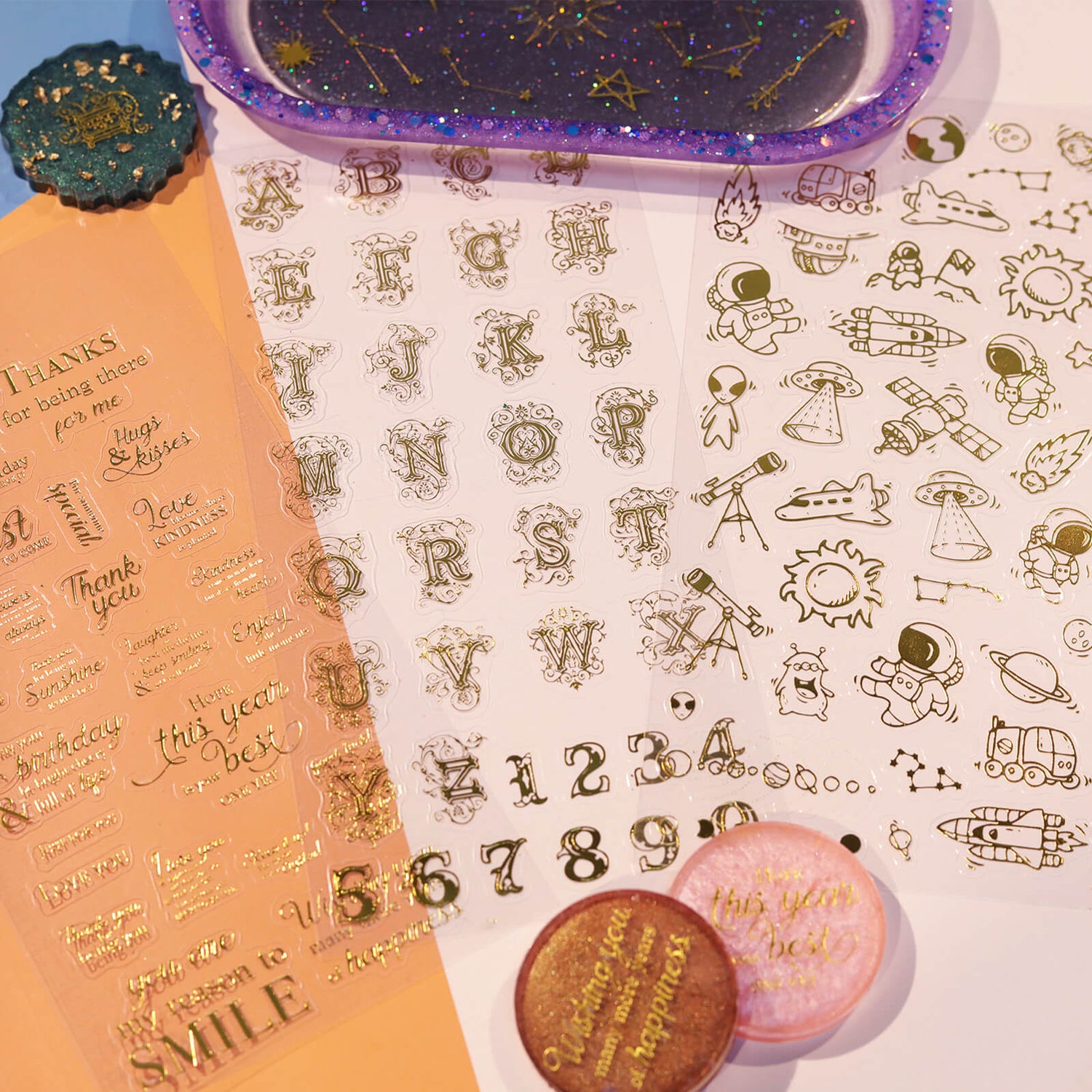 Holographic Resin Stickers Set – 26 Sheets Gold & Silver for Crafting