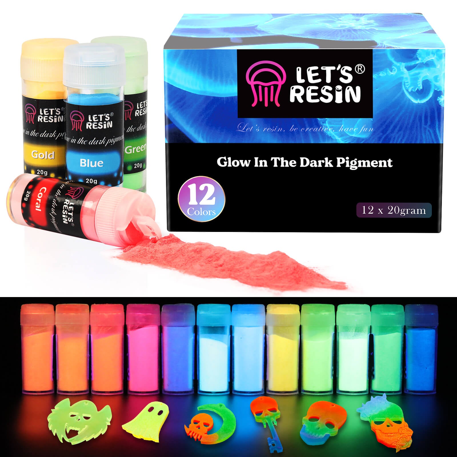 12 Bouteilles Glow in The Dark Pigment Set 20G/Bouteille Poudre Lumineuse  pour Slime 