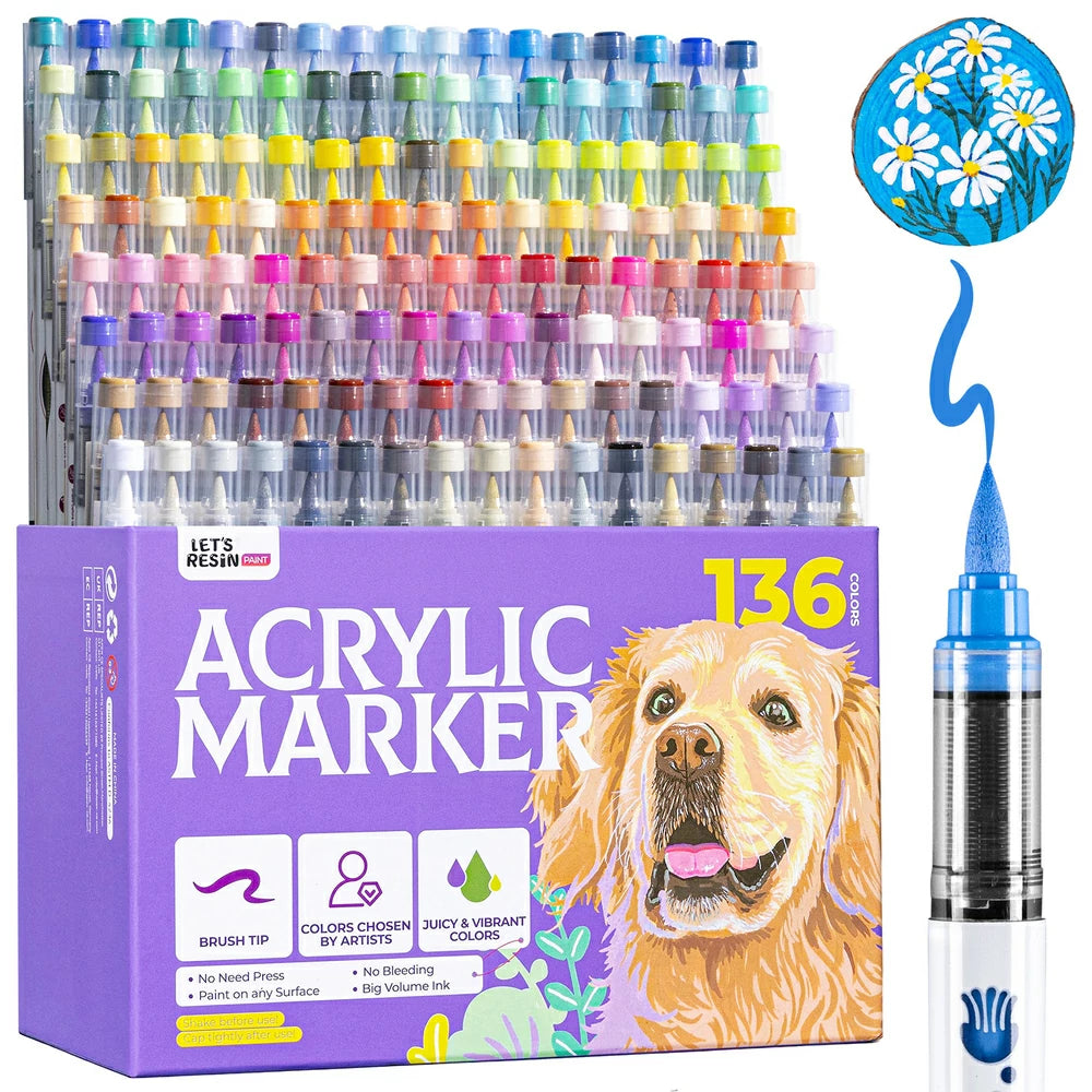 136 Colors Brush Tip Acrylic Paint Markers Set