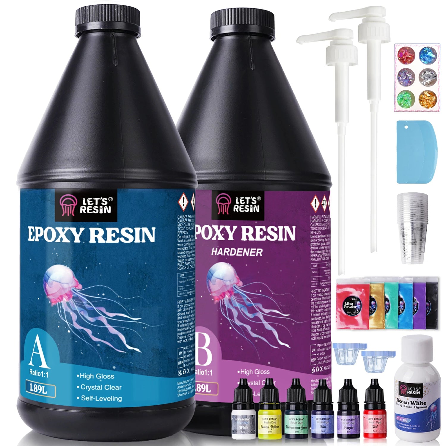 1 Gallon Epoxy Resin Kit with Pumps, Resin Dye, and Mica Powder