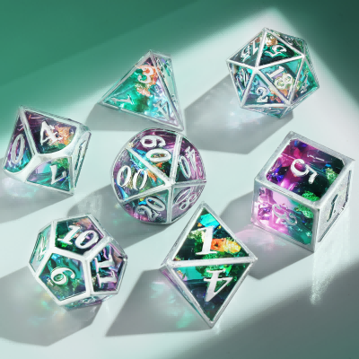 Seven essential dice: D4, D6, D8, D10 (00-90), D10 (0-9), D12, and D20