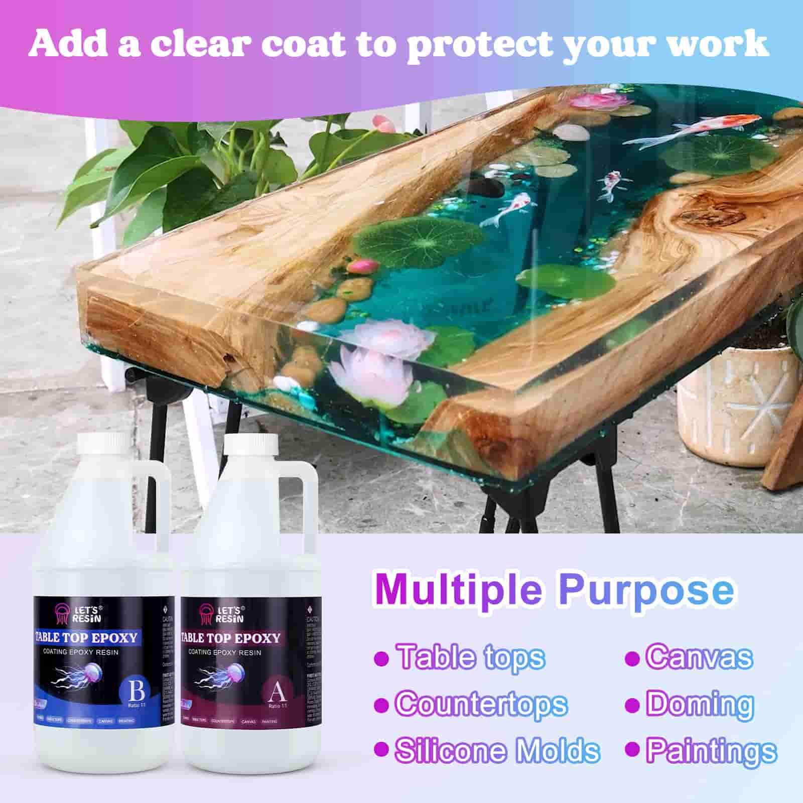 Let's Resin table top epoxy resin 1 gallon kit adds a clear coat to protect your work and has multiple purpose, such as table tops, canvas, countertops, doming, silicone molds, paintings and so on.