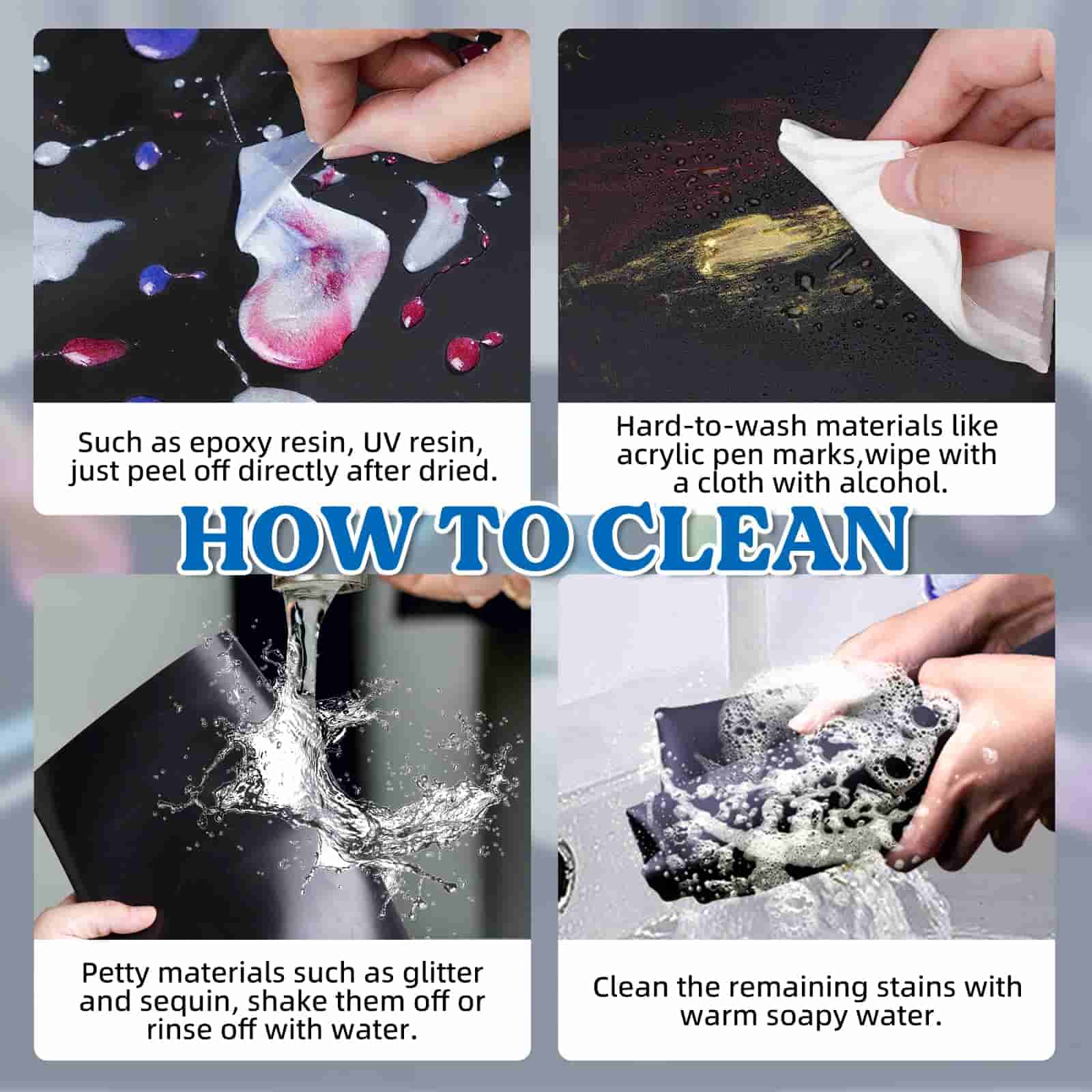 how to clean Let's Resin extra large silicone mat? Peel off, wipe, shake off, rinse off or clean with warm soapy water.