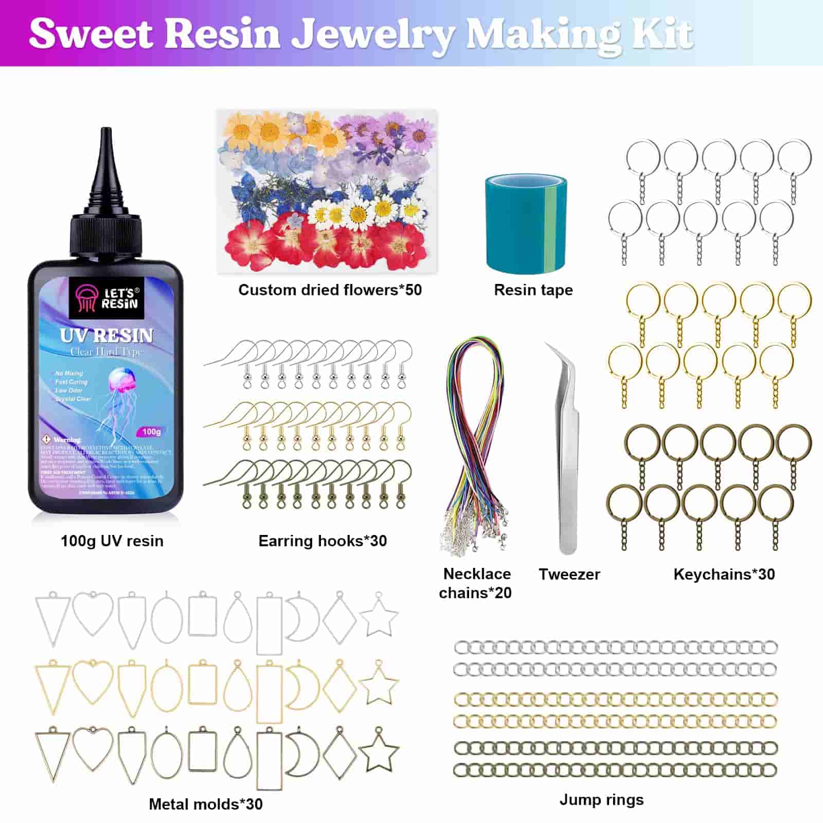 LET'S RESIN UV resin kit for keychain, jewelry, gifts with 164pcs jewelry making kit、100g clear UV resin, dried pressed flowers and abundant jewelry accessories.