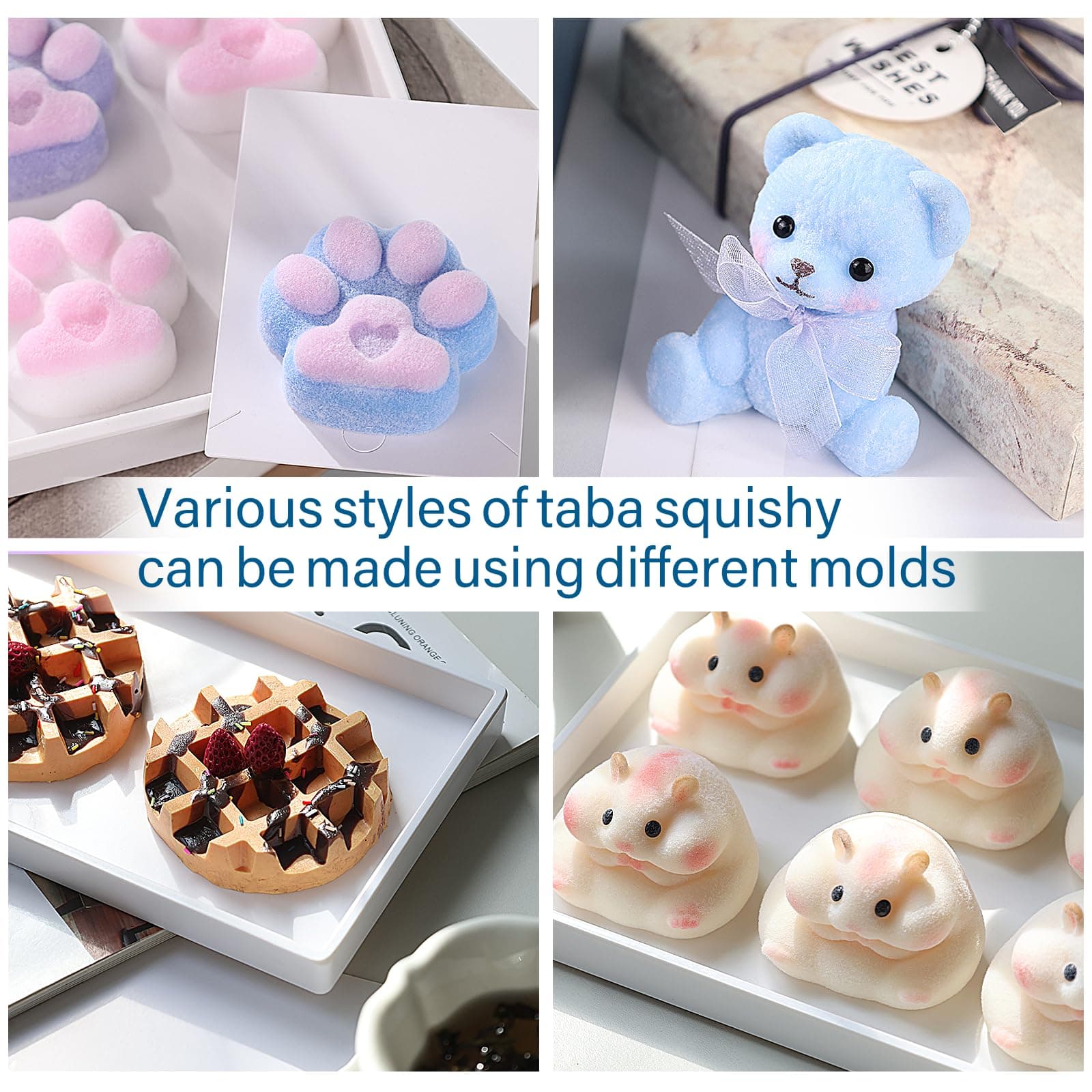 four different finished products produced by the mold are displayed: cat paws, bear, cookie and hamster