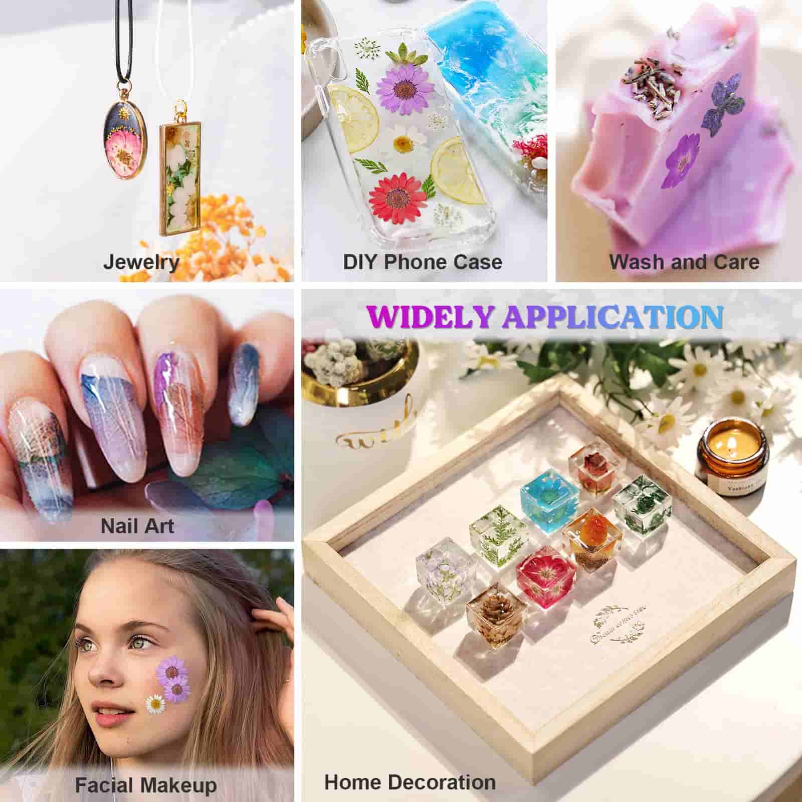 LET'S RESIN DIY UV resin starter kit with widely application. They can be used in jewelry, DIY phone case, wash and care, nail art, facial makeup and home decoration.