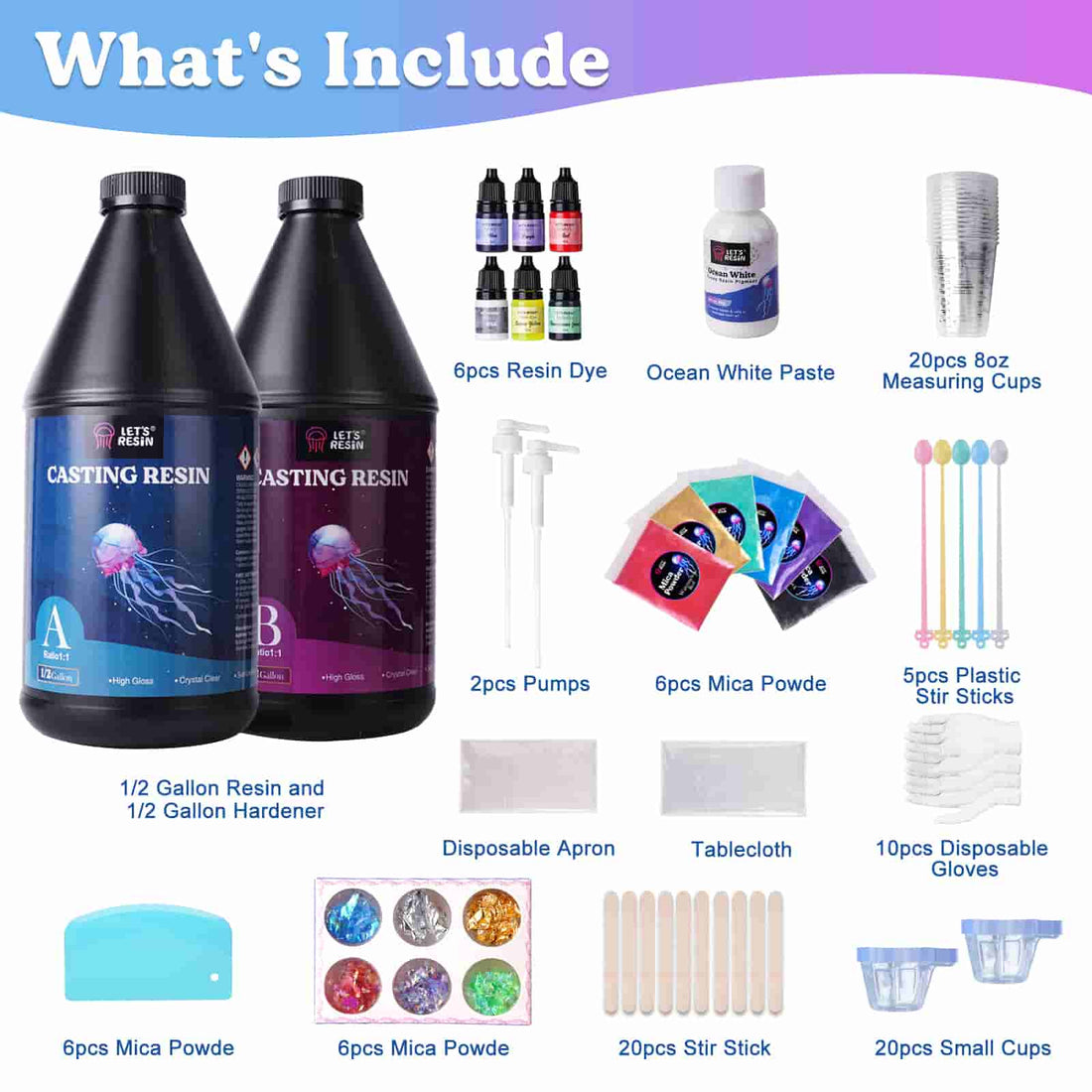 1 Gallon Epoxy Resin Kit with Pumps, Resin Dye, and Mica Powder