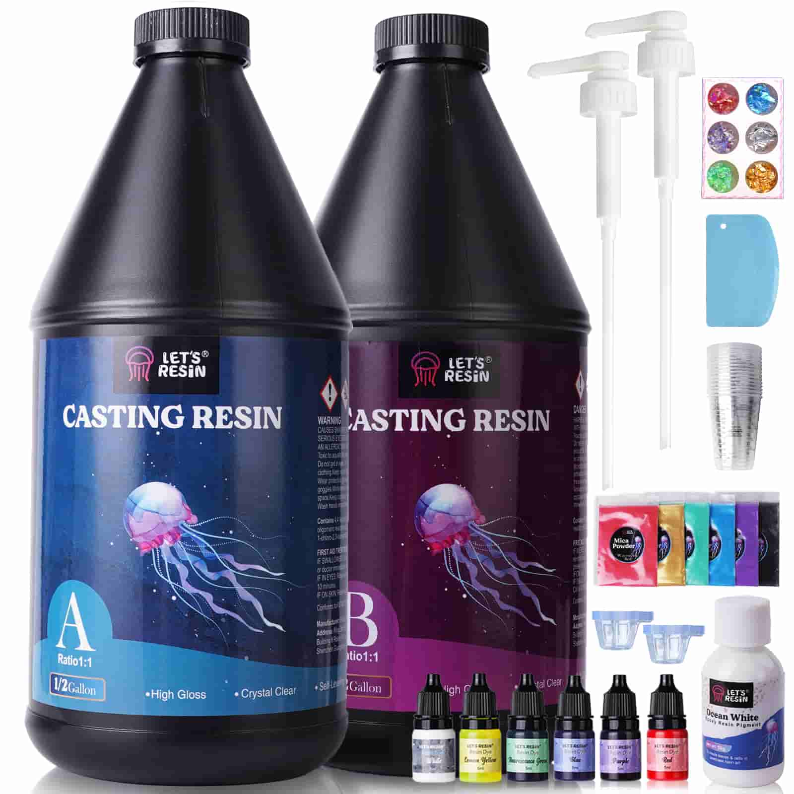 1 Gallon Epoxy Resin Kit with Pumps, Resin Dye, and Mica Powder