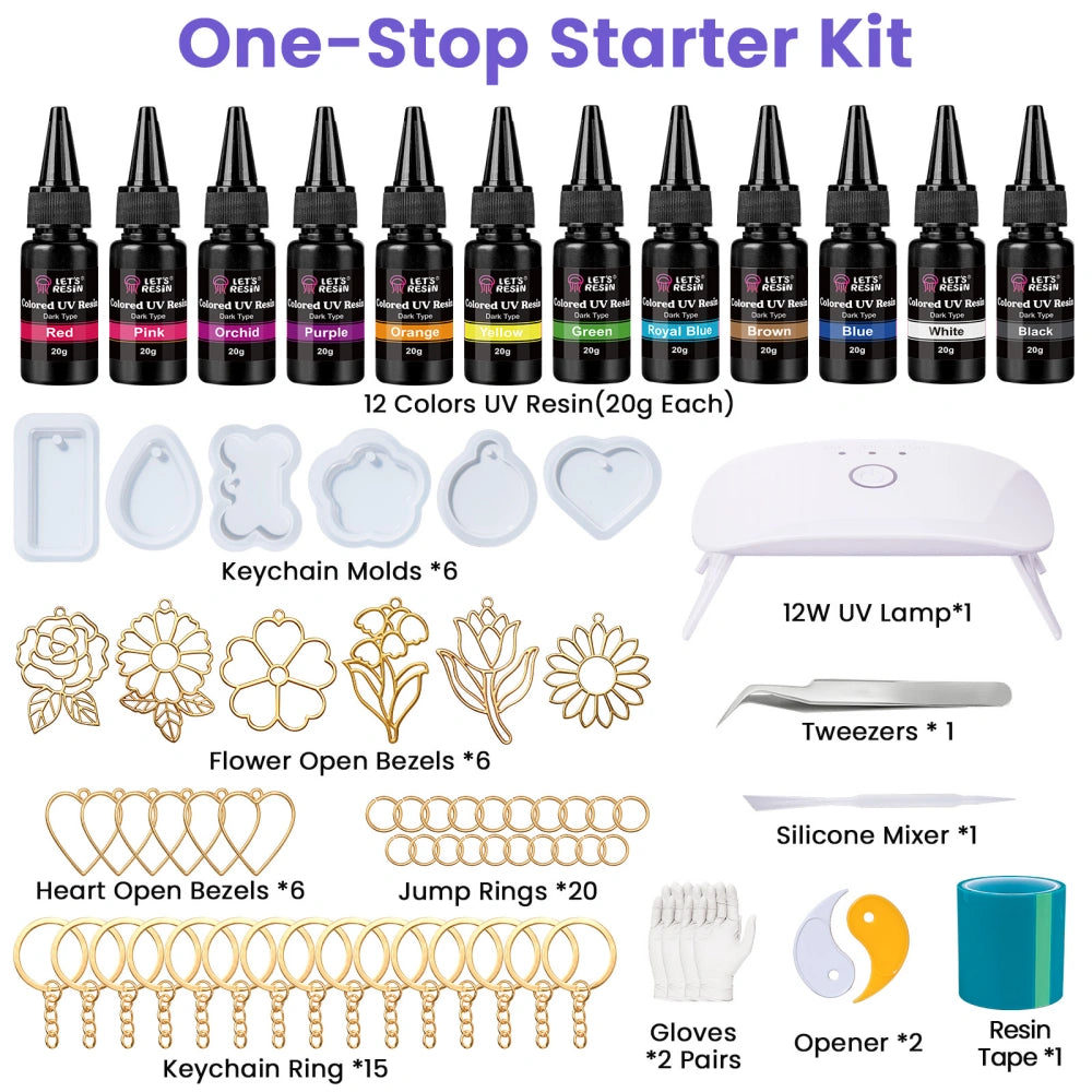 12 Colors UV Resin with Keychain Molds Kit