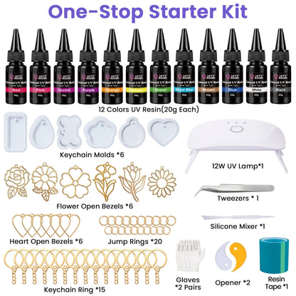 12 Colors UV Resin with Keychain Molds Kit