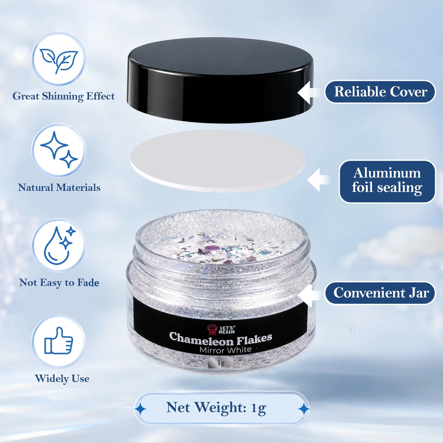 Package design on Mirror White Opal Chameleon Flakes