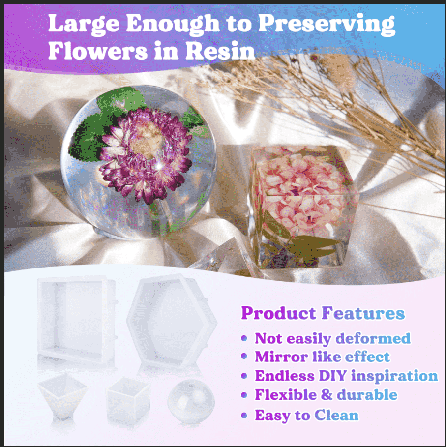 Resin Molds Silicone Kit, 8 in 1 Large Silicone Molds for Epoxy Resin,  Flowers Preservation, Ideal Resin Starter Kit Including Hexagon, Heart,  Sphere