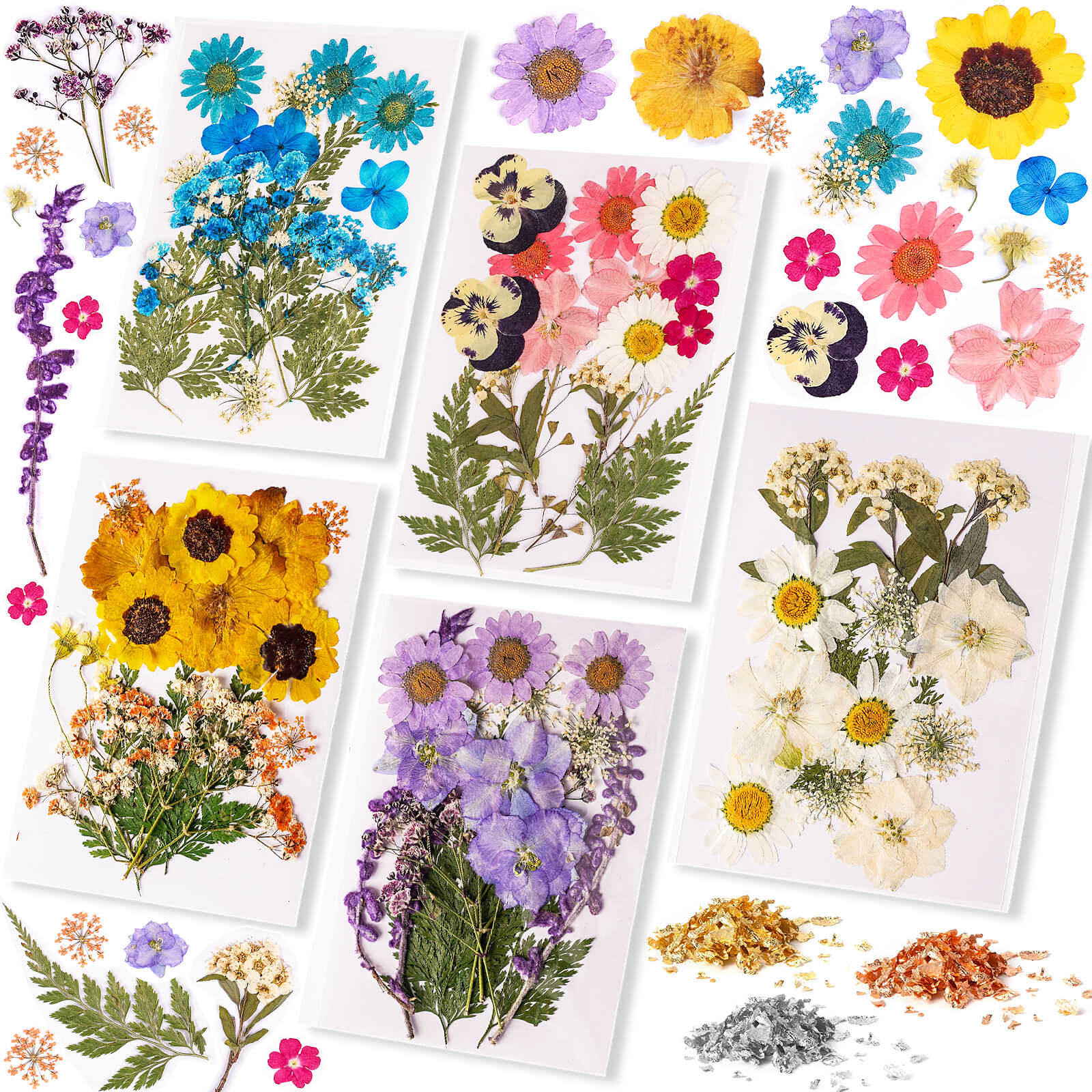 85Pcs Natural Dried Flowers & 3 Colors Foil Flakes