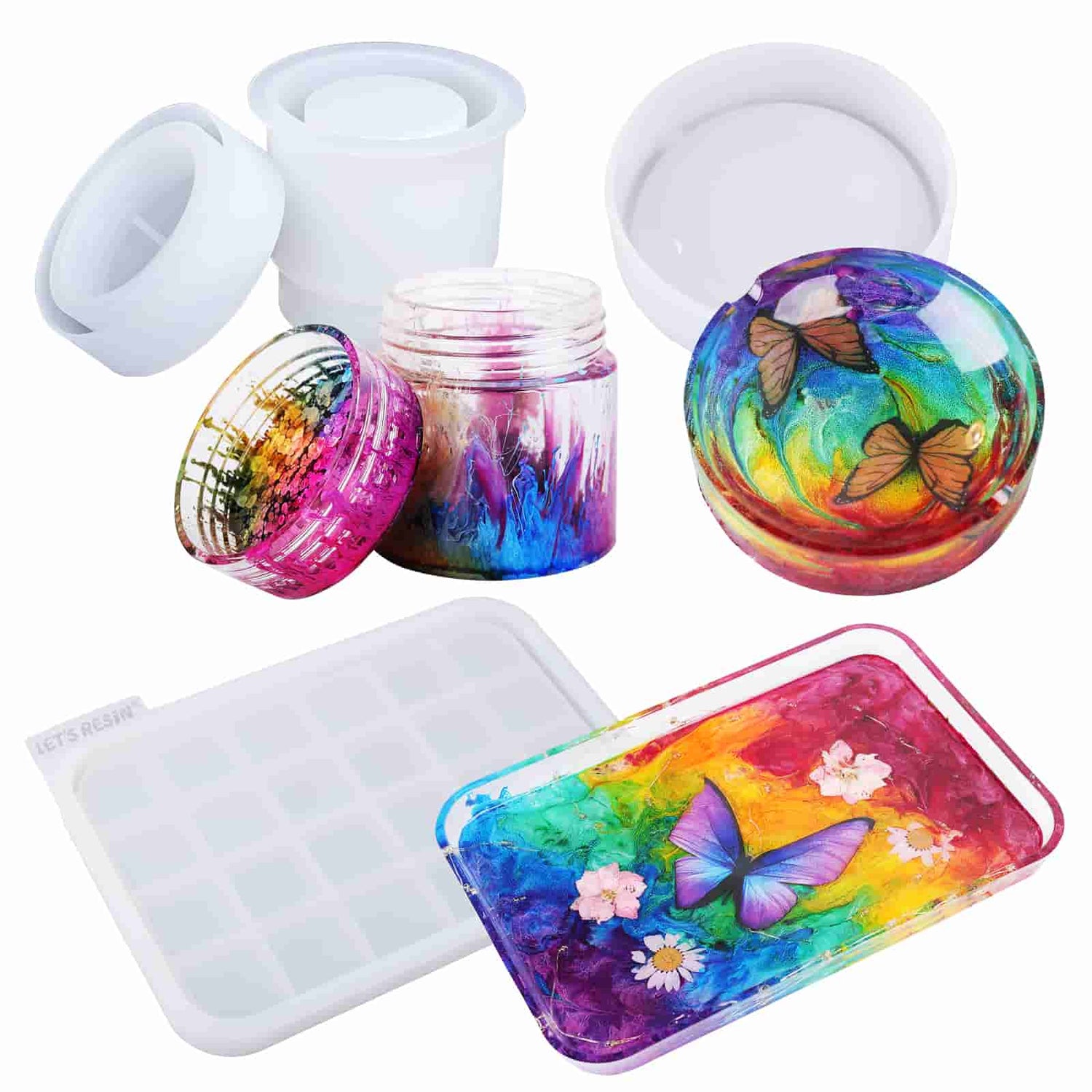 Resin Mold Silicone Kit with Rolling Tray Mold, Ashtray Mold, Jar Mold with Lid