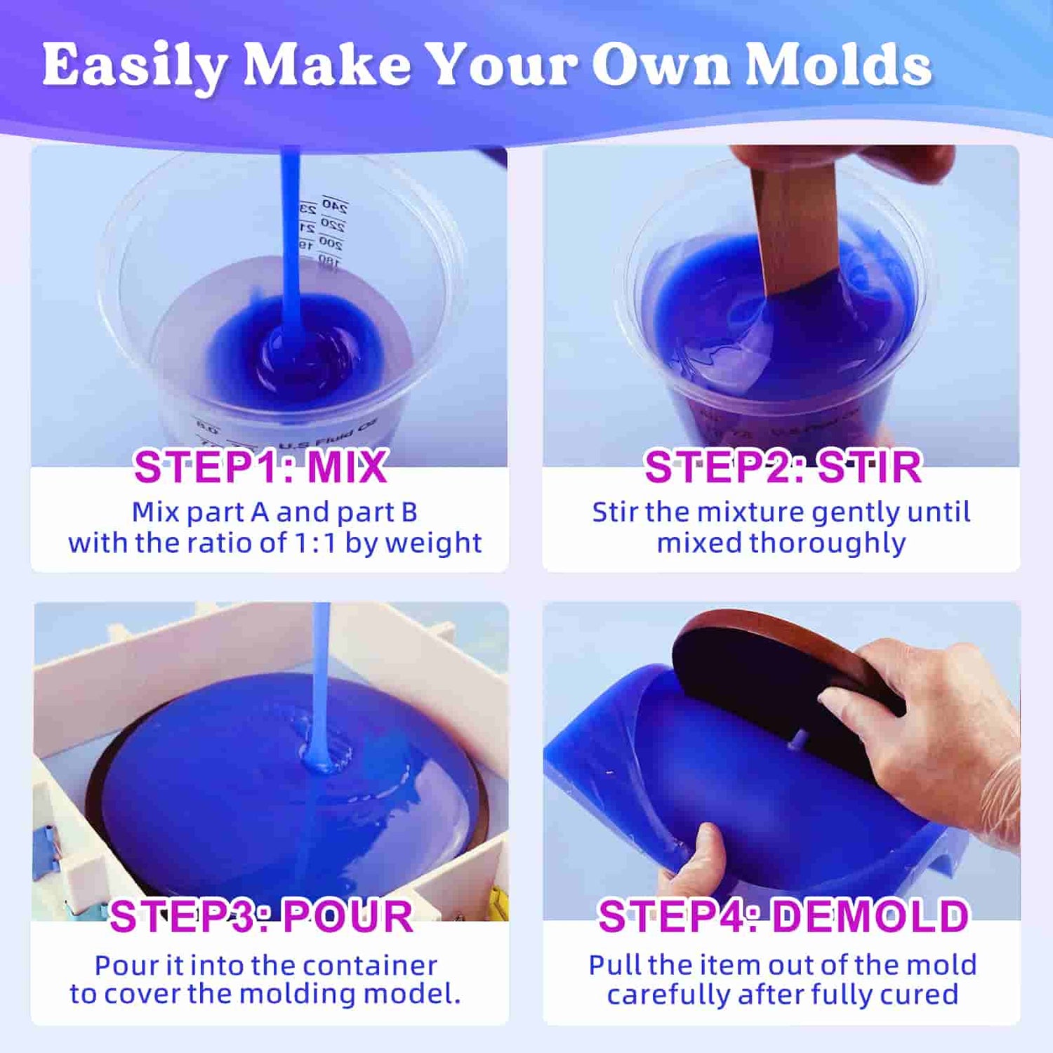 LET'S RESIN Silicone Molds Making Kit 30A, Blue Silicone for Making Molds,2  Part Molding Silicone, Liquid Silicone Rubber Mixing Ratio 1:1 - Ideal for
