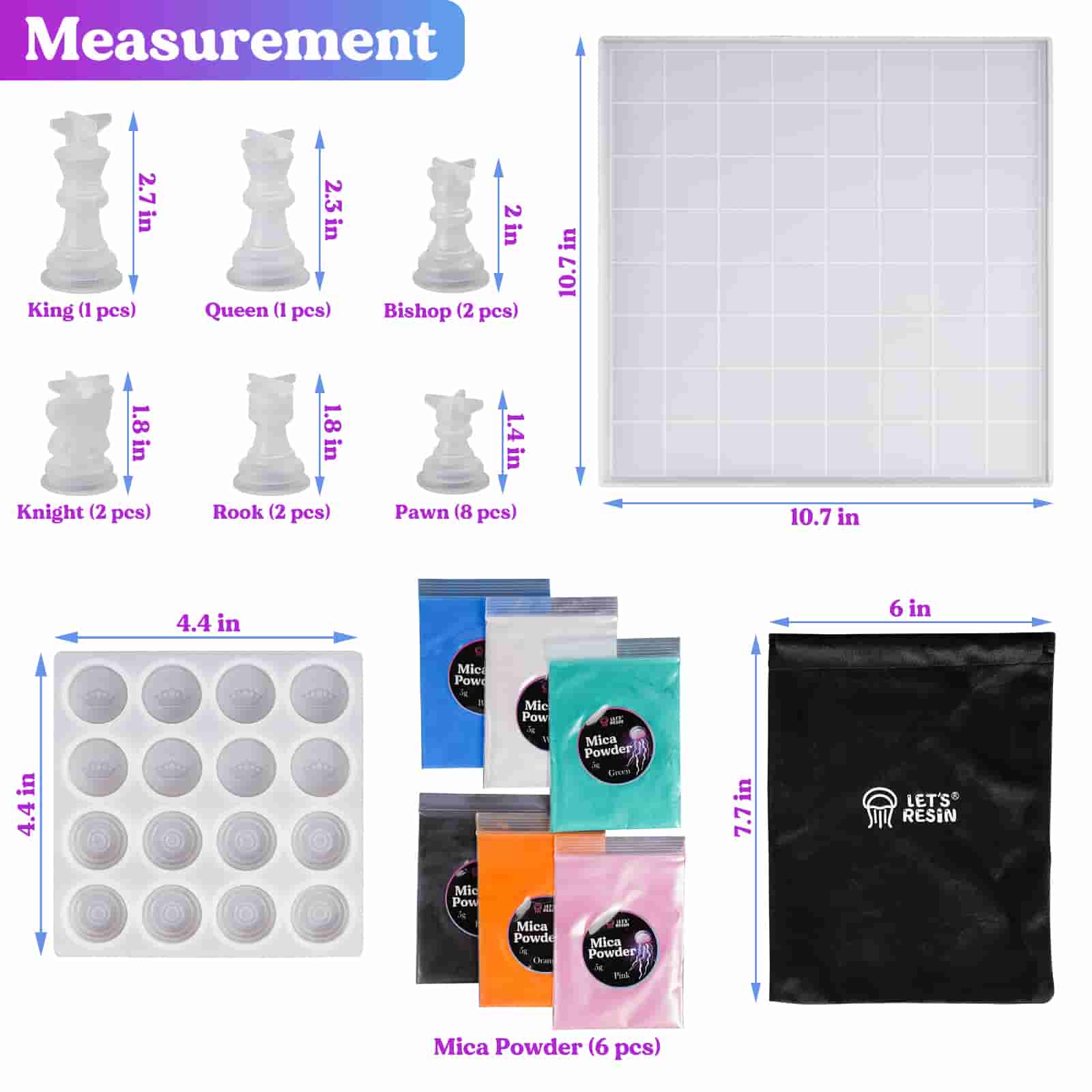 Let's Resin Chess Set Molds with 16 Piece 3D Full Size Chess Checkers & Chess Board Epoxy Silicone Resin Molds