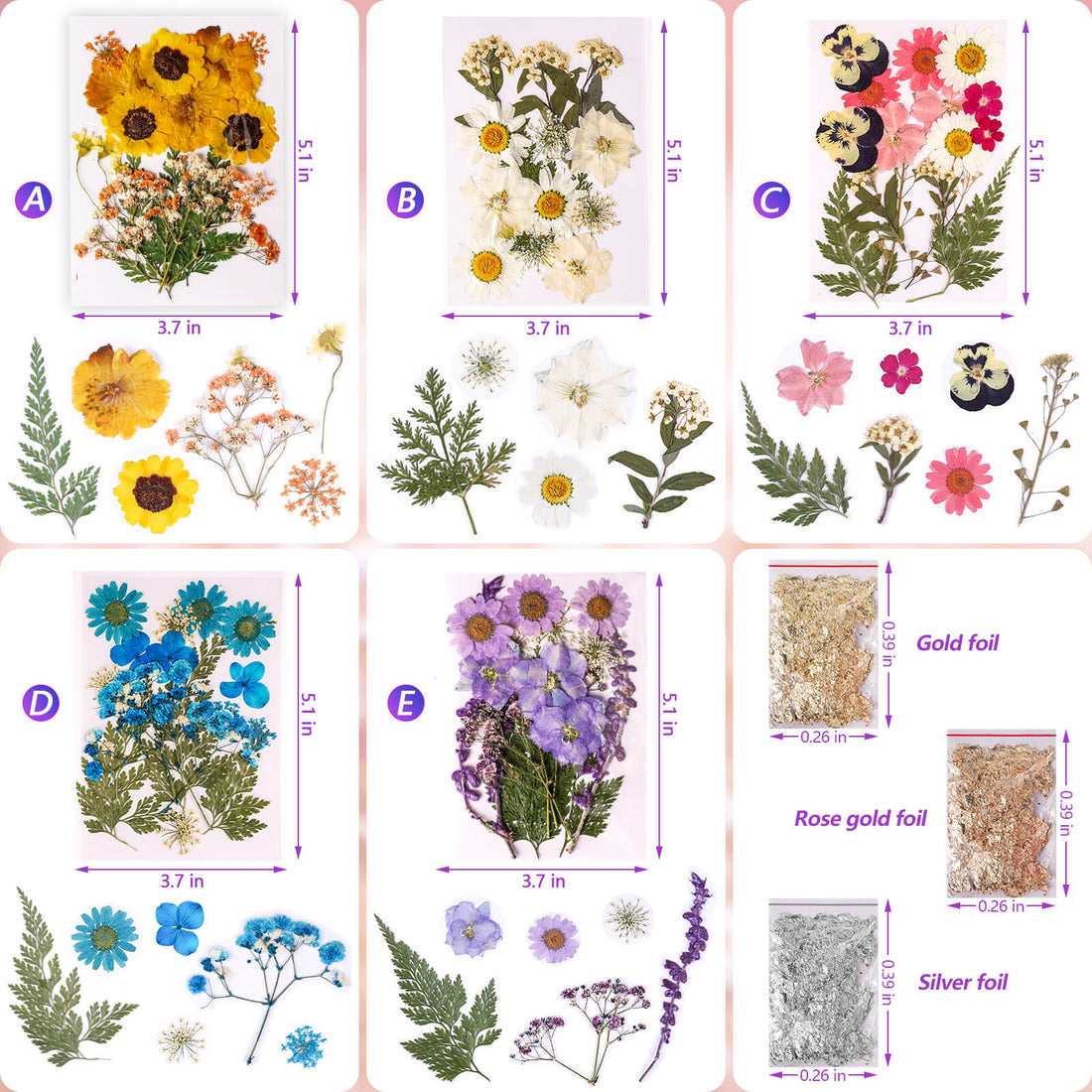 85Pcs Natural Dried Flowers &amp; 3 Colors Foil Flakes