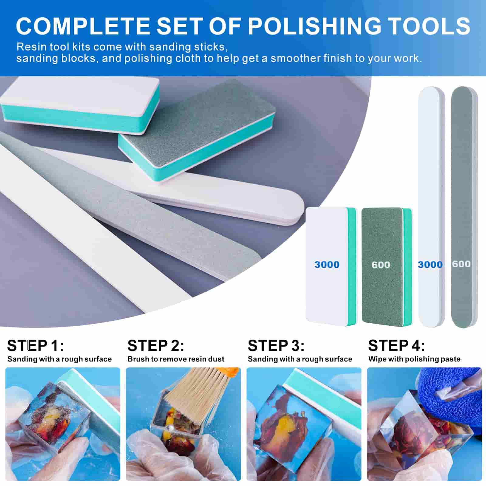 Resin Sanding and Polishing Kit,23 Pieces YASPIT Resin Casting Tools Set, Include Sand Papers,Resin File,Polishing Blocks,Scissors,Wooden Brush for