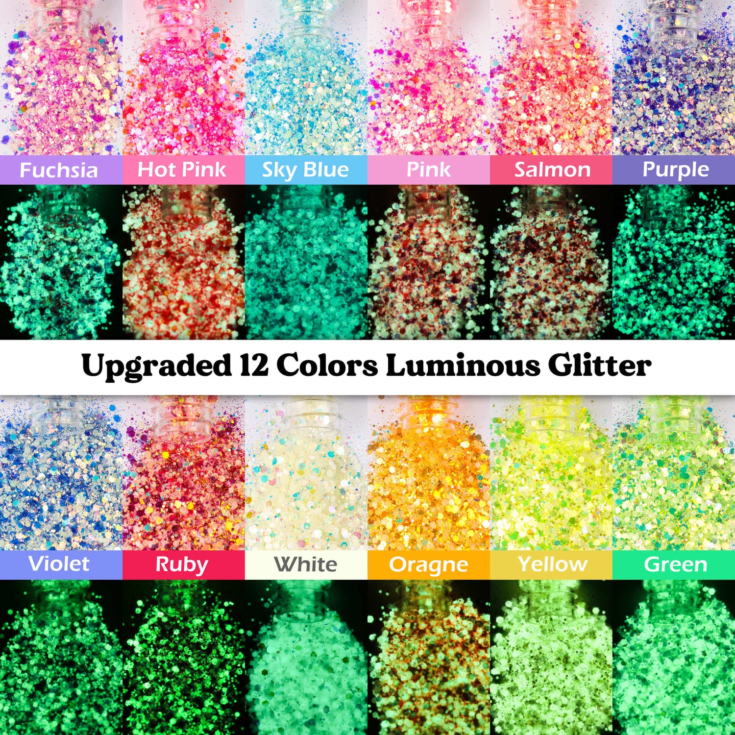 Glow in The Dark Glitter, LET'S RESIN 12 Colors Luminous Chunky