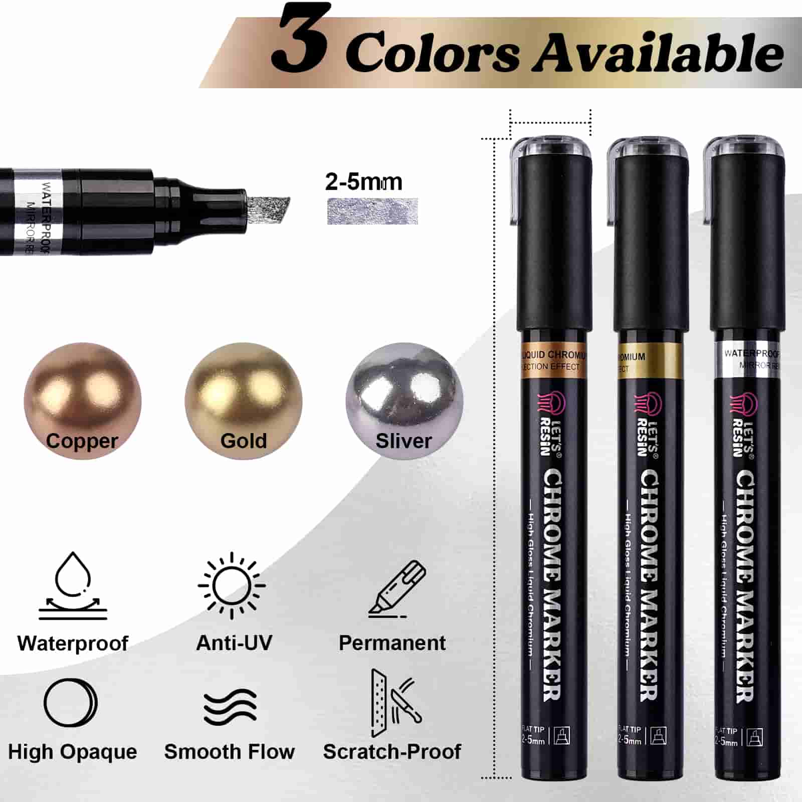Let's Resin Liquid Mirror Chrome Markers, Reflective Gloss Metallic Markers, Resin Supplies for Coloring, Stroke, Painting, DIY Craft