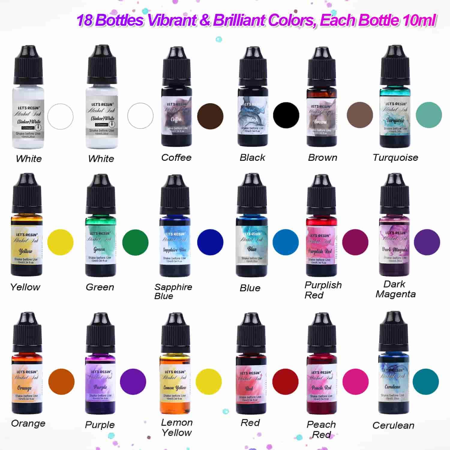 High Concentrated Alcoho Ink Set - 18 color/Each 10ml - Vibrant Colors, Alcohol-Based Ink, Petri dish, tumbler – Let's Resin
