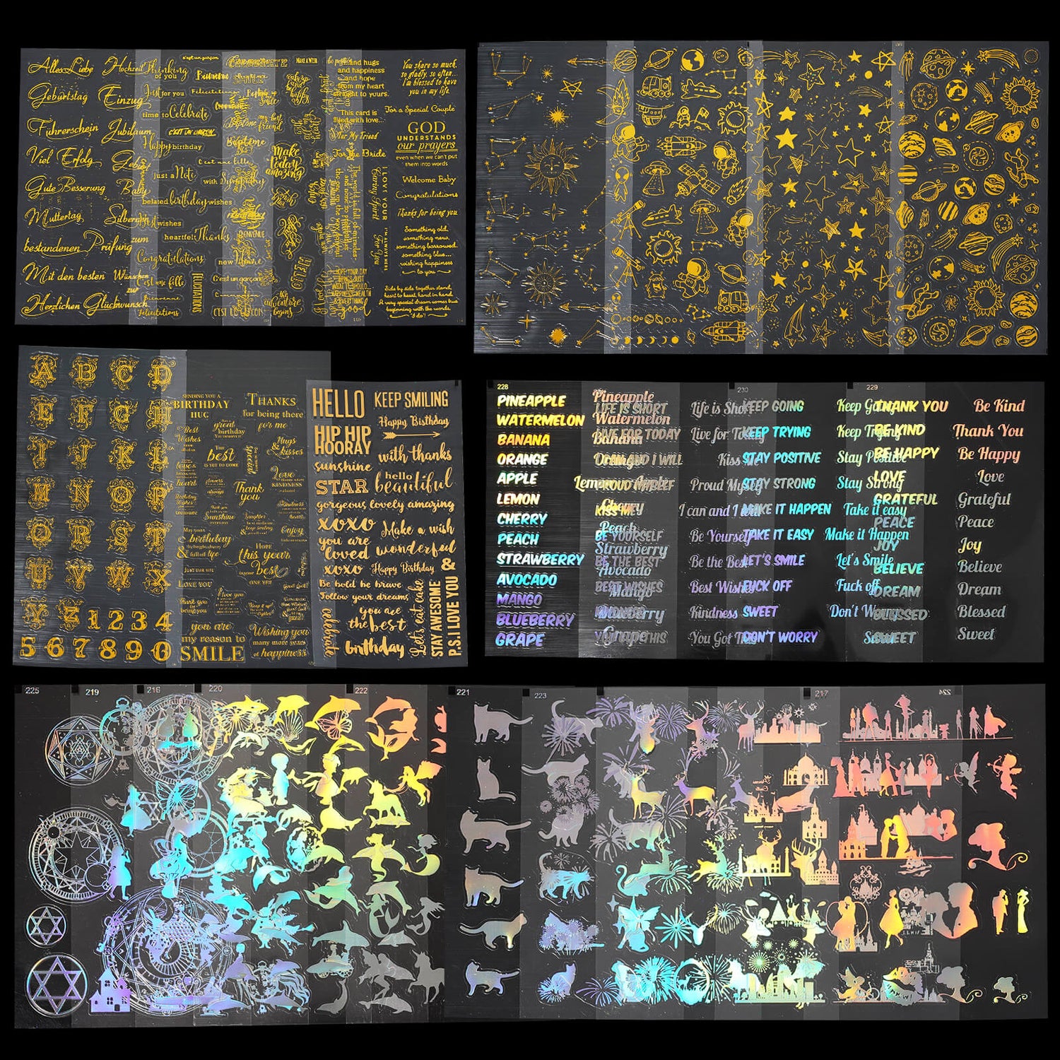 600PCS Gold Holographic Stickers PET Resin Stickers Scrapbook