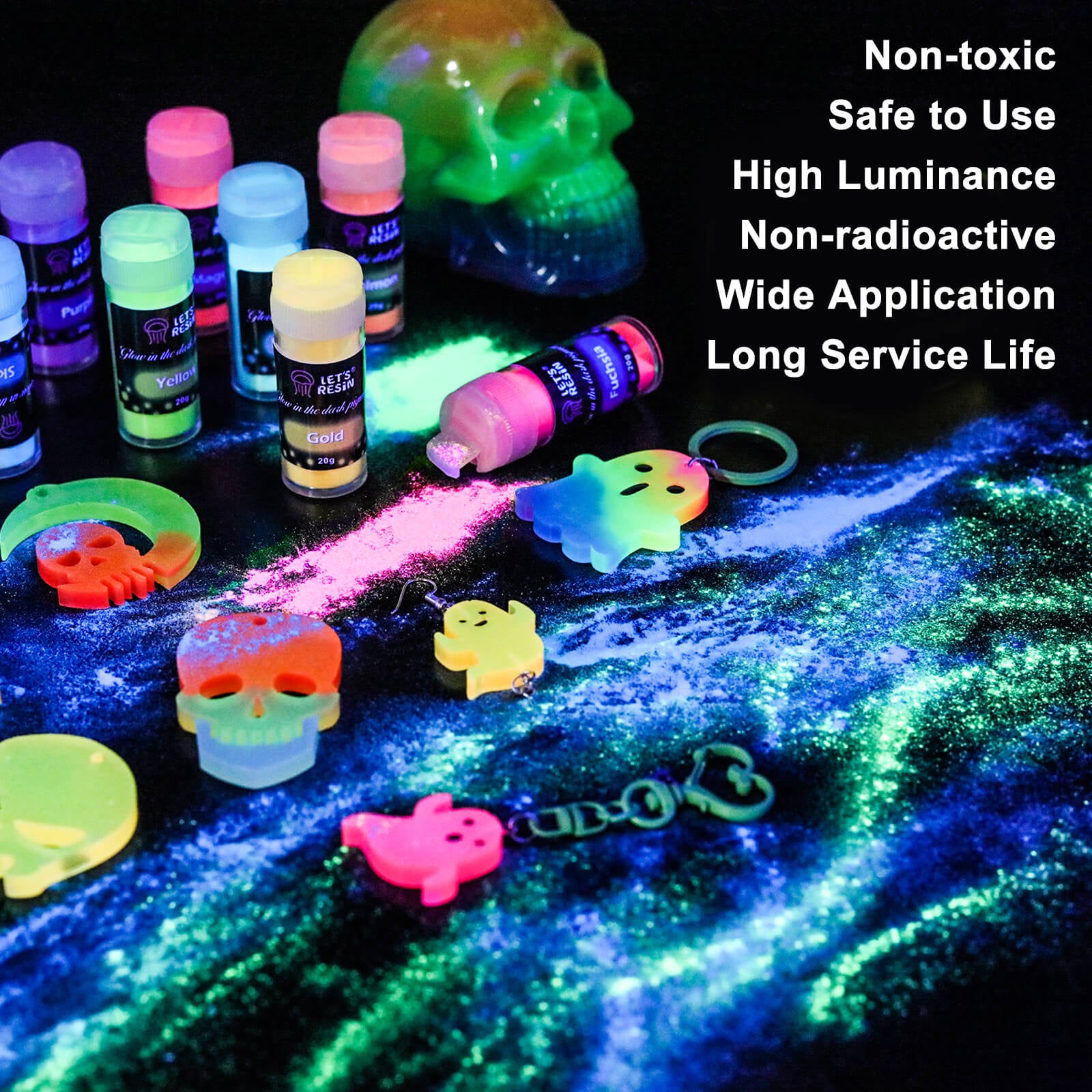 Let's Resin 12 Colors Glow in The Dark Pigment Powder - 20g/0.7oz Each Bottle Epoxy Resin Luminous Pigments for Slime, Nails, Acrylic Paint